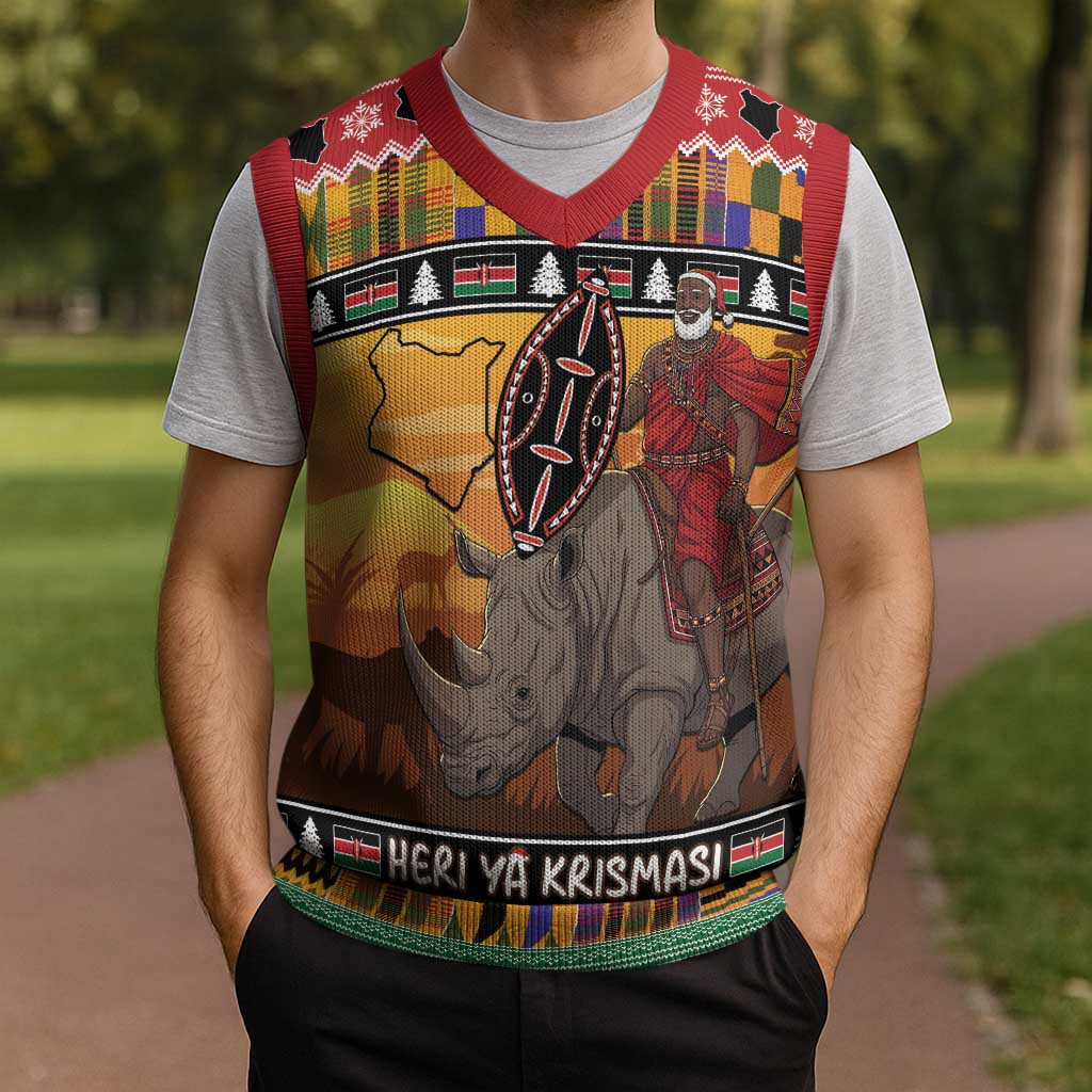 Kenya Safari Christmas Knitted V-Neck Vest Black Santa Riding Rhinoceros - Heri ya Krismasi - Wonder Print Shop