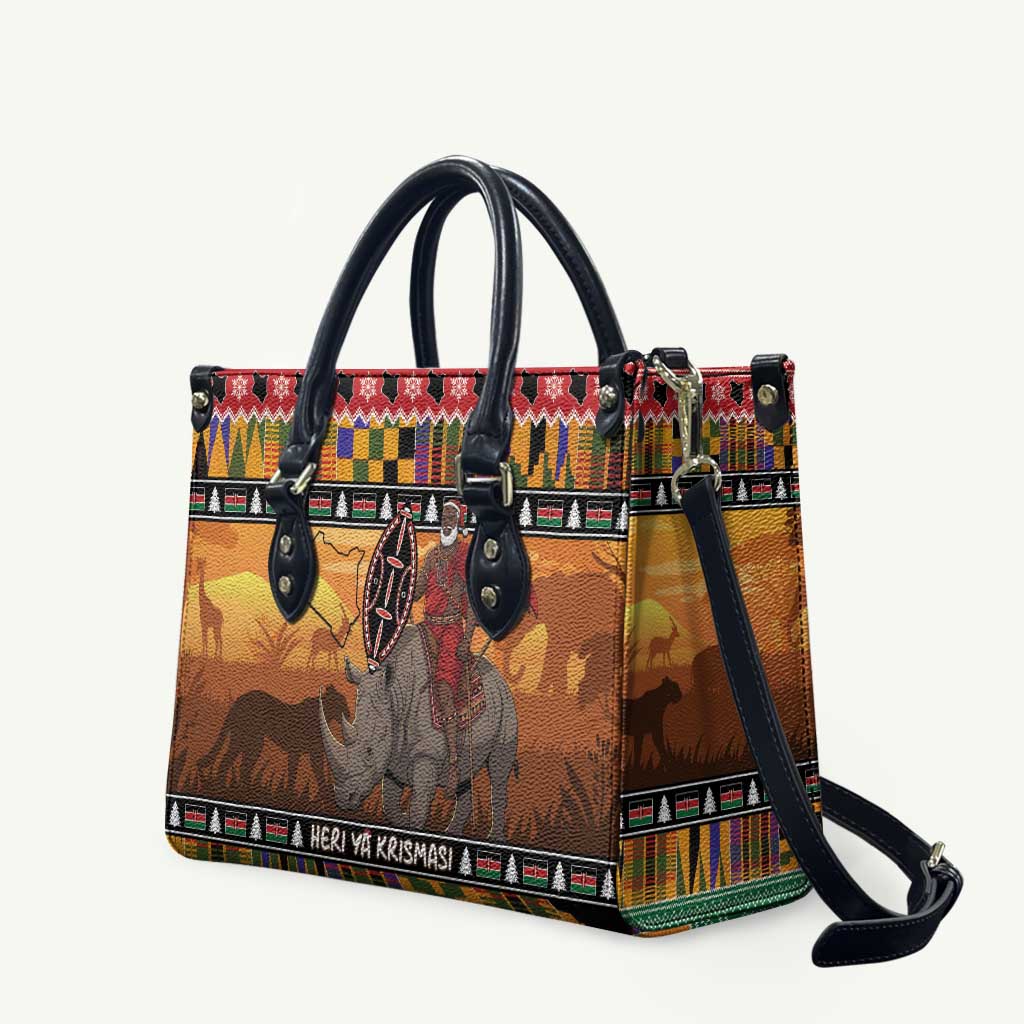 Kenya Safari Christmas Leather Bag Black Santa Riding Rhinoceros - Heri ya Krismasi - Wonder Print Shop
