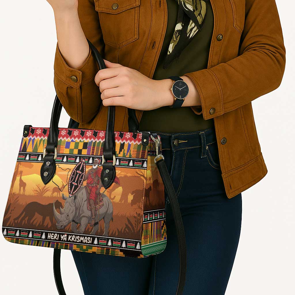 Kenya Safari Christmas Leather Bag Black Santa Riding Rhinoceros - Heri ya Krismasi - Wonder Print Shop