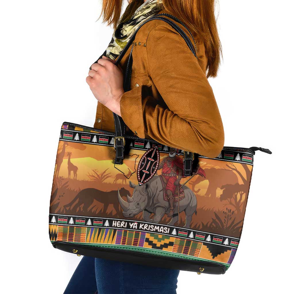 Kenya Safari Christmas Leather Tote Bag Black Santa Riding Rhinoceros - Heri ya Krismasi - Wonder Print Shop