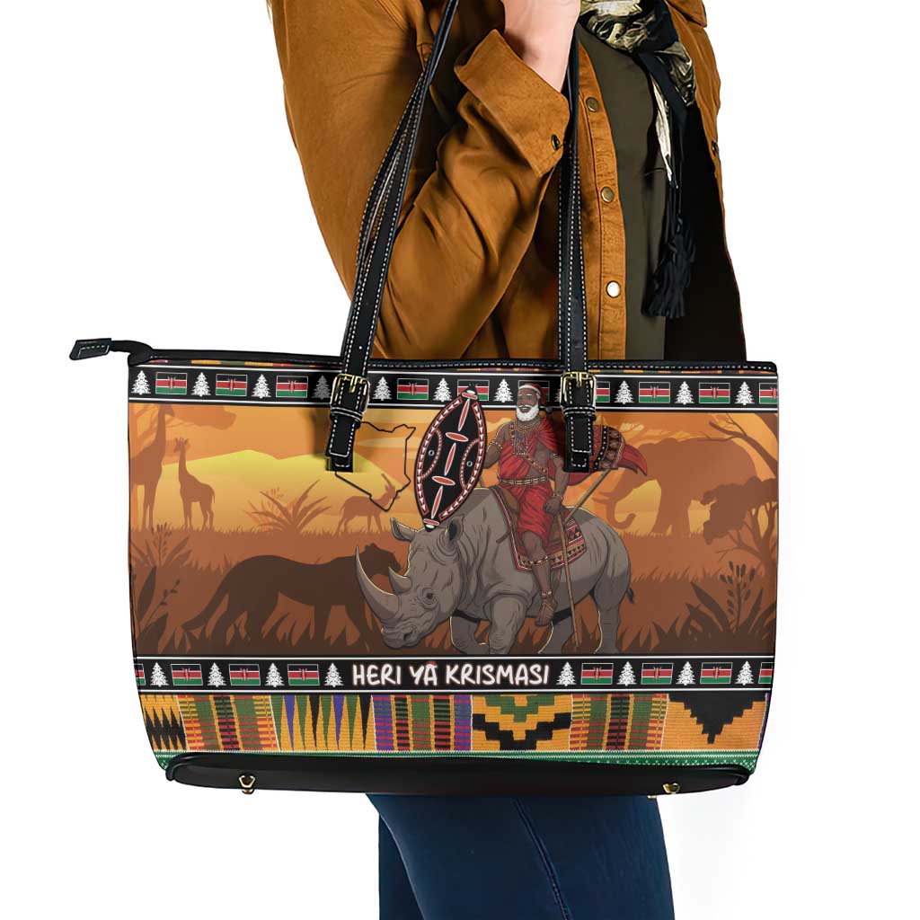 Kenya Safari Christmas Leather Tote Bag Black Santa Riding Rhinoceros - Heri ya Krismasi - Wonder Print Shop
