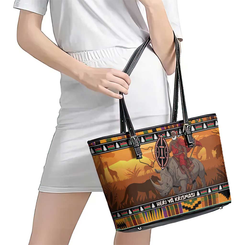 Kenya Safari Christmas Leather Tote Bag Black Santa Riding Rhinoceros - Heri ya Krismasi - Wonder Print Shop