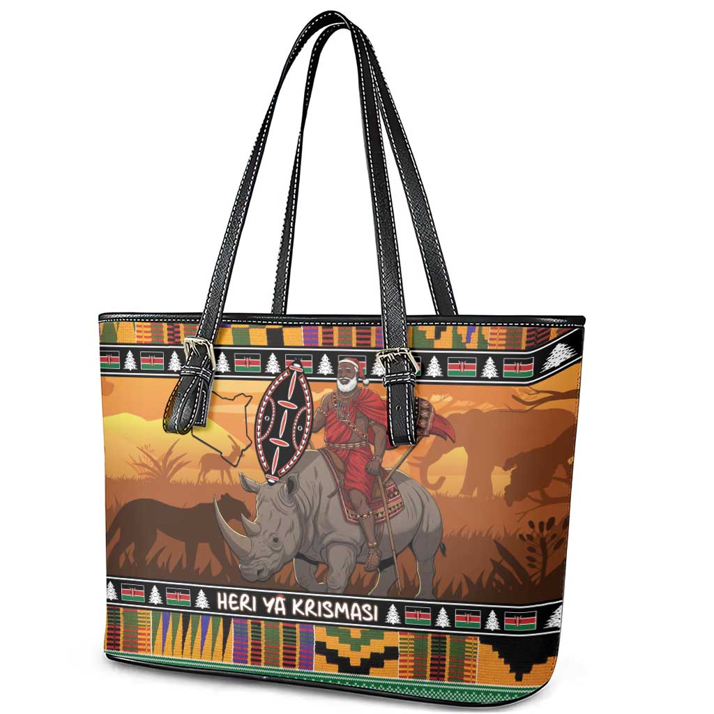 Kenya Safari Christmas Leather Tote Bag Black Santa Riding Rhinoceros - Heri ya Krismasi - Wonder Print Shop