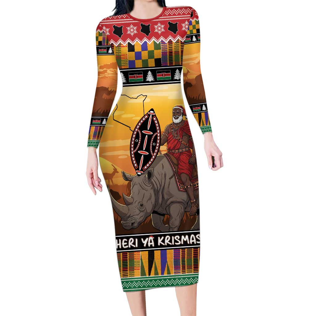 Kenya Safari Christmas Long Sleeve Bodycon Dress Black Santa Riding Rhinoceros - Heri ya Krismasi - Wonder Print Shop