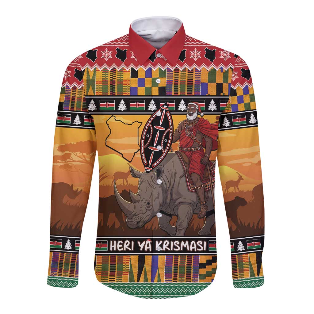 Kenya Safari Christmas Long Sleeve Button Shirt Black Santa Riding Rhinoceros - Heri ya Krismasi - Wonder Print Shop