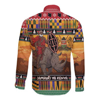 Kenya Safari Christmas Long Sleeve Button Shirt Black Santa Riding Rhinoceros - Heri ya Krismasi - Wonder Print Shop