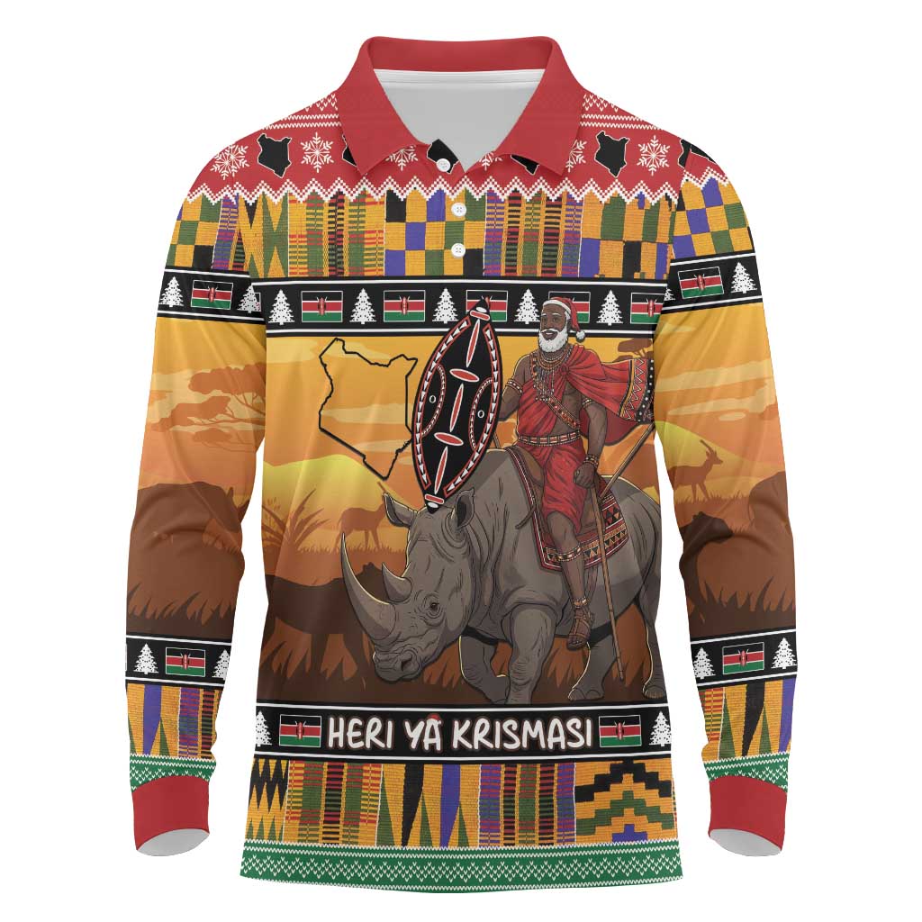 Kenya Safari Christmas Long Sleeve Polo Shirt Black Santa Riding Rhinoceros - Heri ya Krismasi - Wonder Print Shop