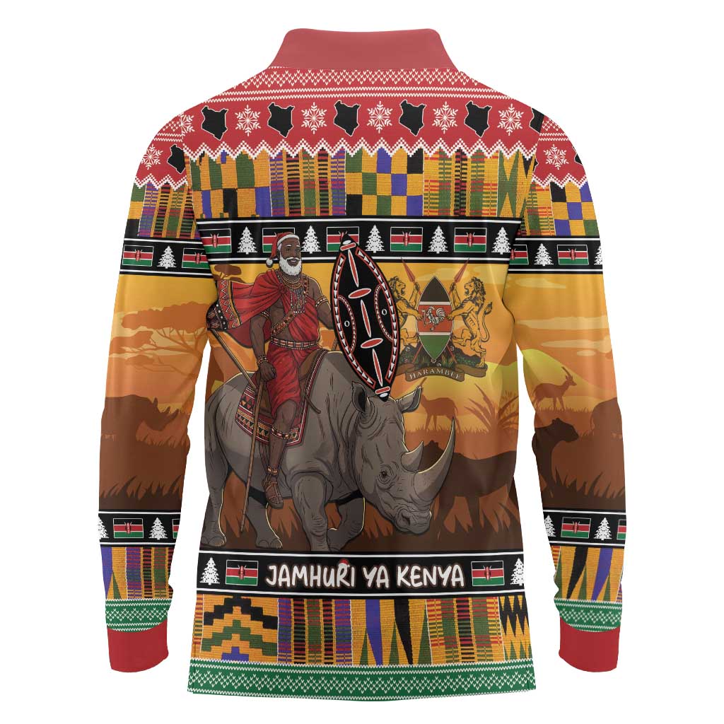 Kenya Safari Christmas Long Sleeve Polo Shirt Black Santa Riding Rhinoceros - Heri ya Krismasi - Wonder Print Shop