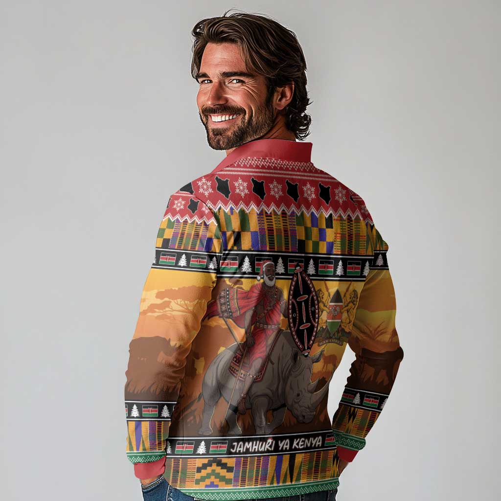 Kenya Safari Christmas Long Sleeve Polo Shirt Black Santa Riding Rhinoceros - Heri ya Krismasi - Wonder Print Shop