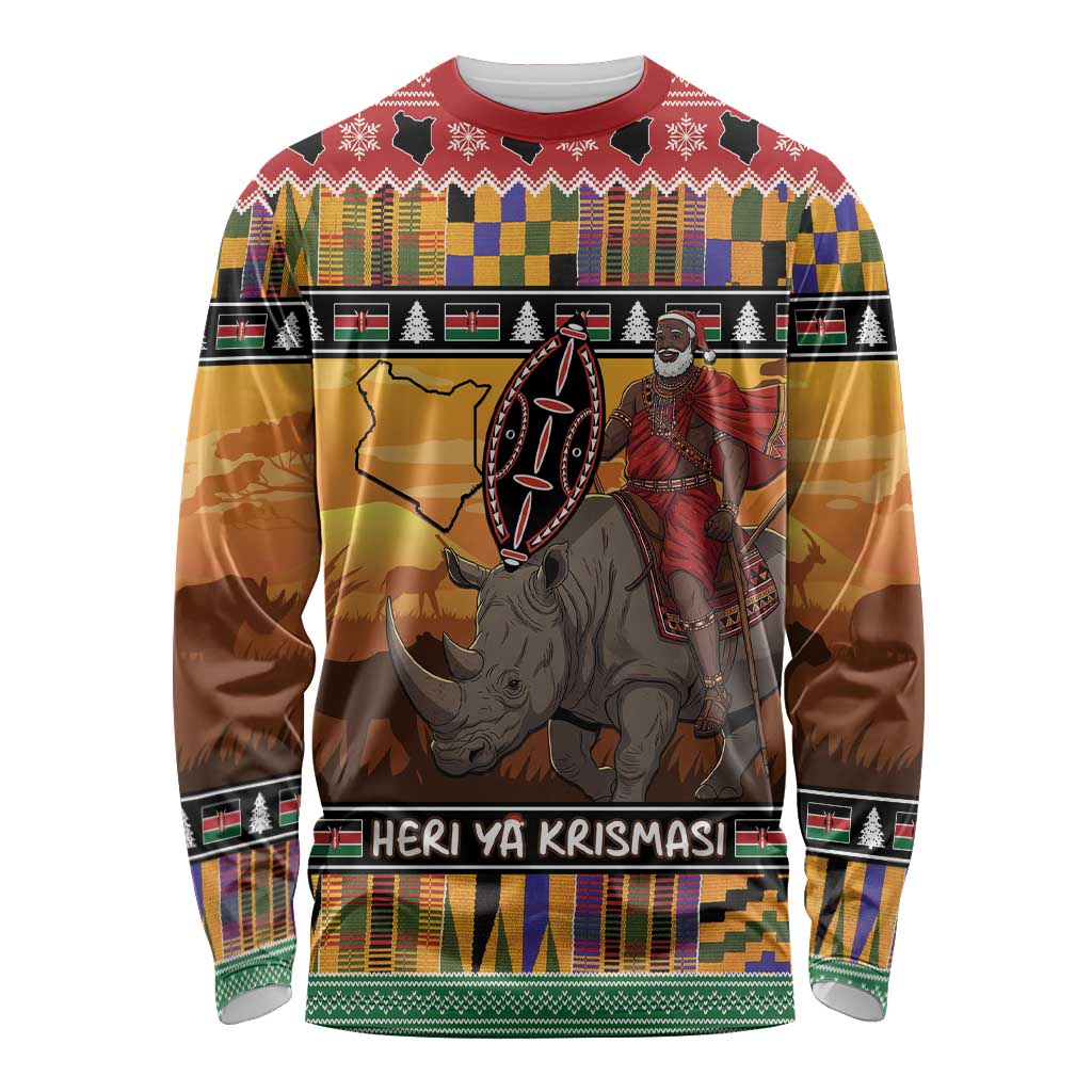 Kenya Safari Christmas Long Sleeve Shirt Black Santa Riding Rhinoceros - Heri ya Krismasi - Wonder Print Shop