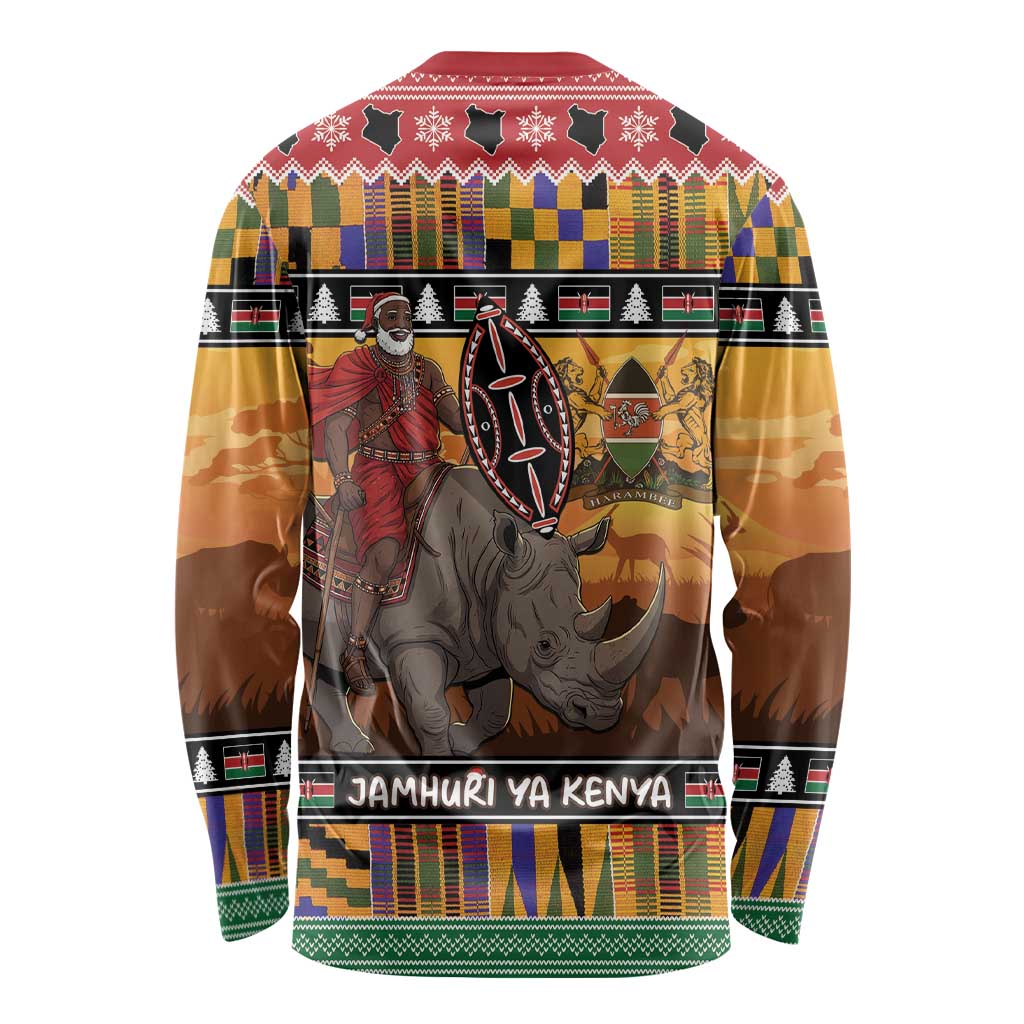 Kenya Safari Christmas Long Sleeve Shirt Black Santa Riding Rhinoceros - Heri ya Krismasi - Wonder Print Shop