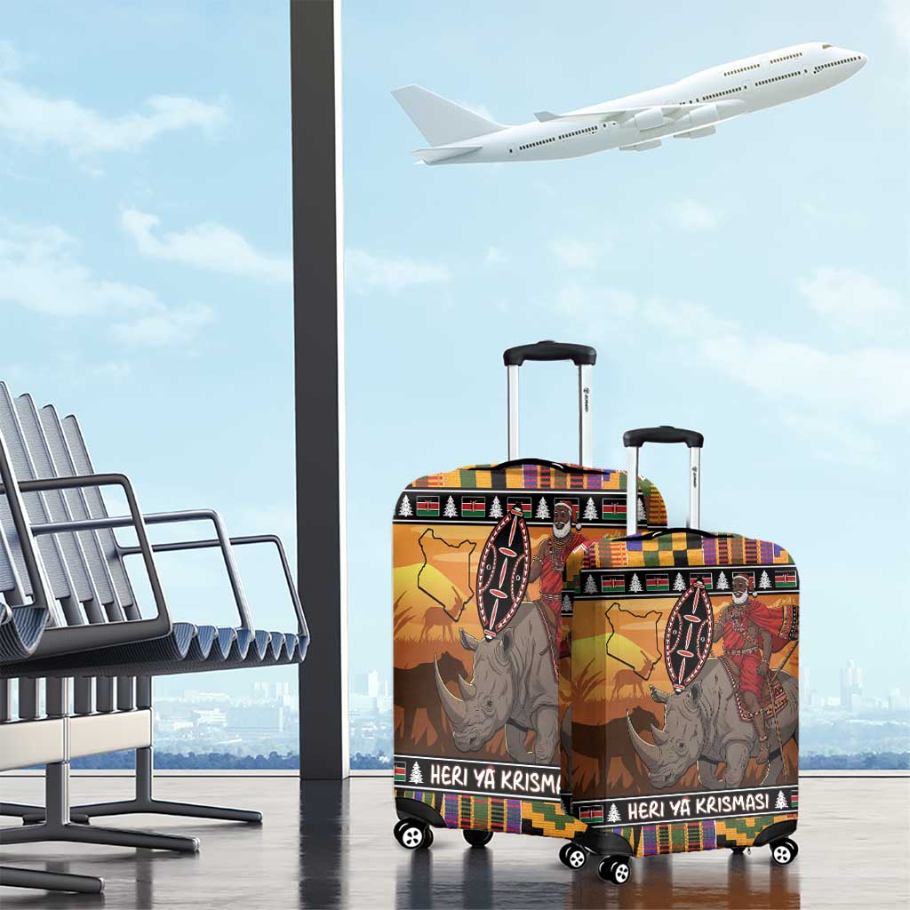 Kenya Safari Christmas Luggage Cover Black Santa Riding Rhinoceros - Heri ya Krismasi - Wonder Print Shop