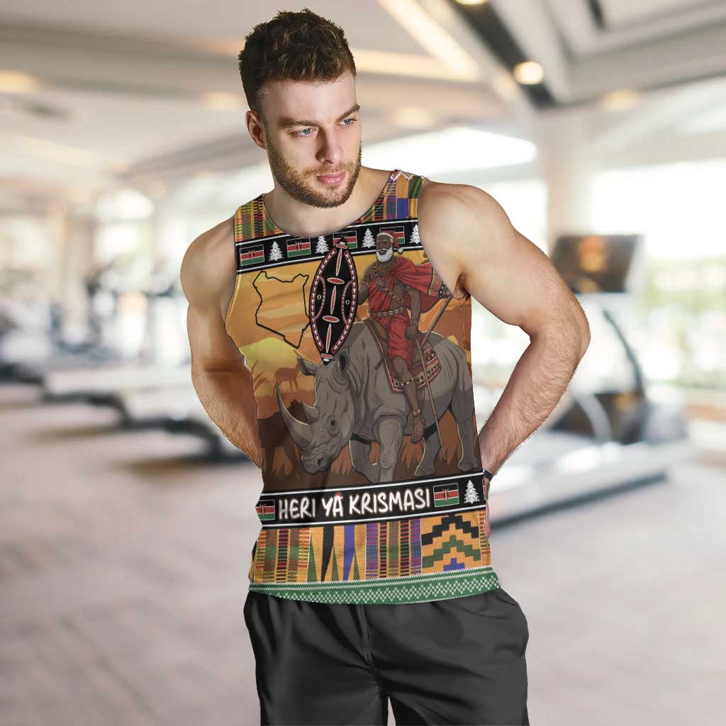 Kenya Safari Christmas Men Tank Top Black Santa Riding Rhinoceros - Heri ya Krismasi - Wonder Print Shop