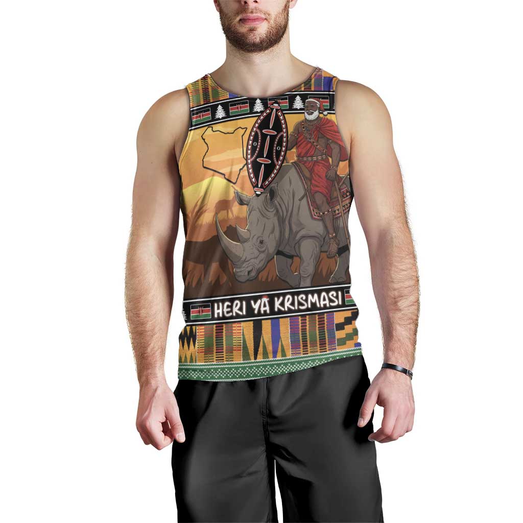 Kenya Safari Christmas Men Tank Top Black Santa Riding Rhinoceros - Heri ya Krismasi - Wonder Print Shop