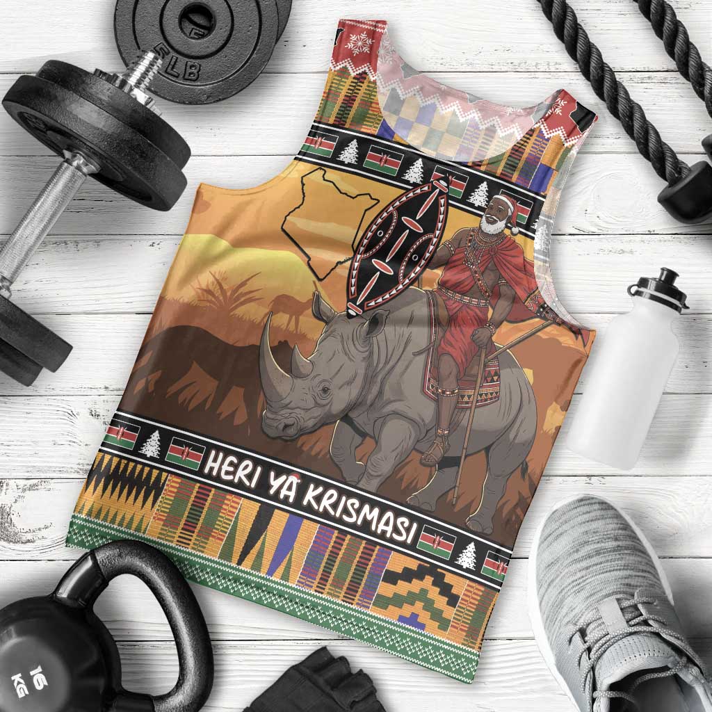 Kenya Safari Christmas Men Tank Top Black Santa Riding Rhinoceros - Heri ya Krismasi - Wonder Print Shop