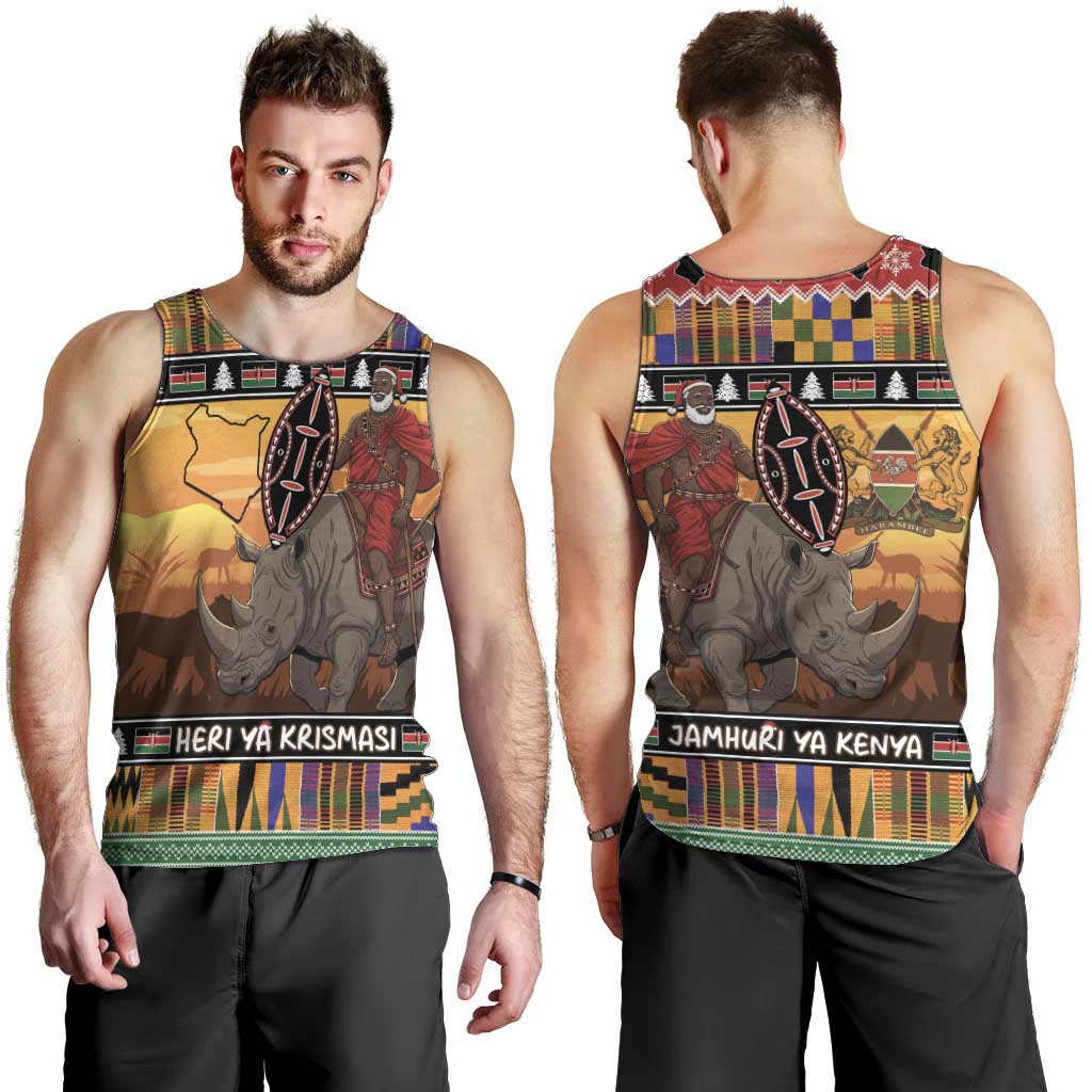 Kenya Safari Christmas Men Tank Top Black Santa Riding Rhinoceros - Heri ya Krismasi - Wonder Print Shop
