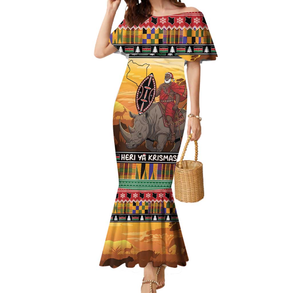 Kenya Safari Christmas Mermaid Dress Black Santa Riding Rhinoceros - Heri ya Krismasi - Wonder Print Shop