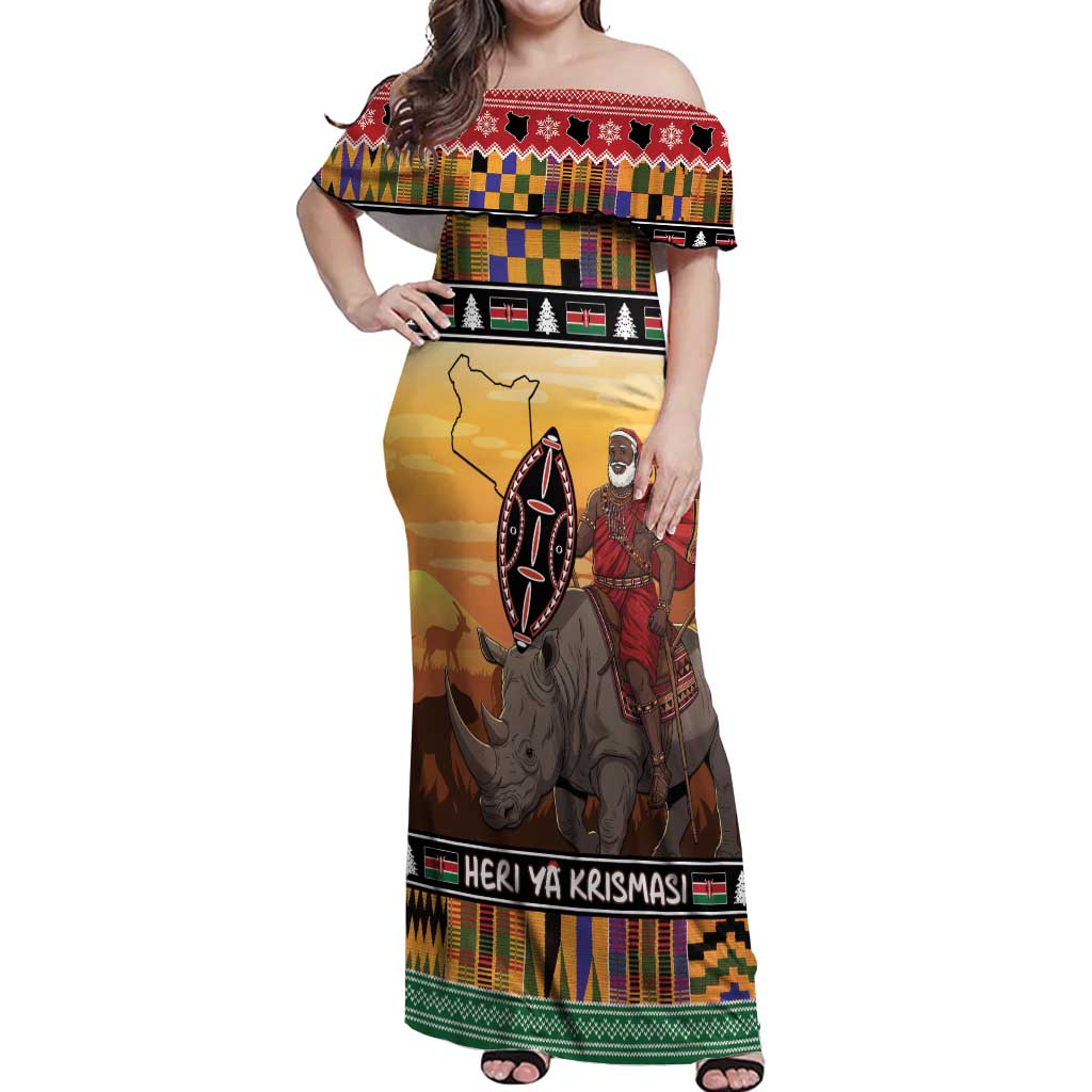 Kenya Safari Christmas Off Shoulder Maxi Dress Black Santa Riding Rhinoceros - Heri ya Krismasi - Wonder Print Shop