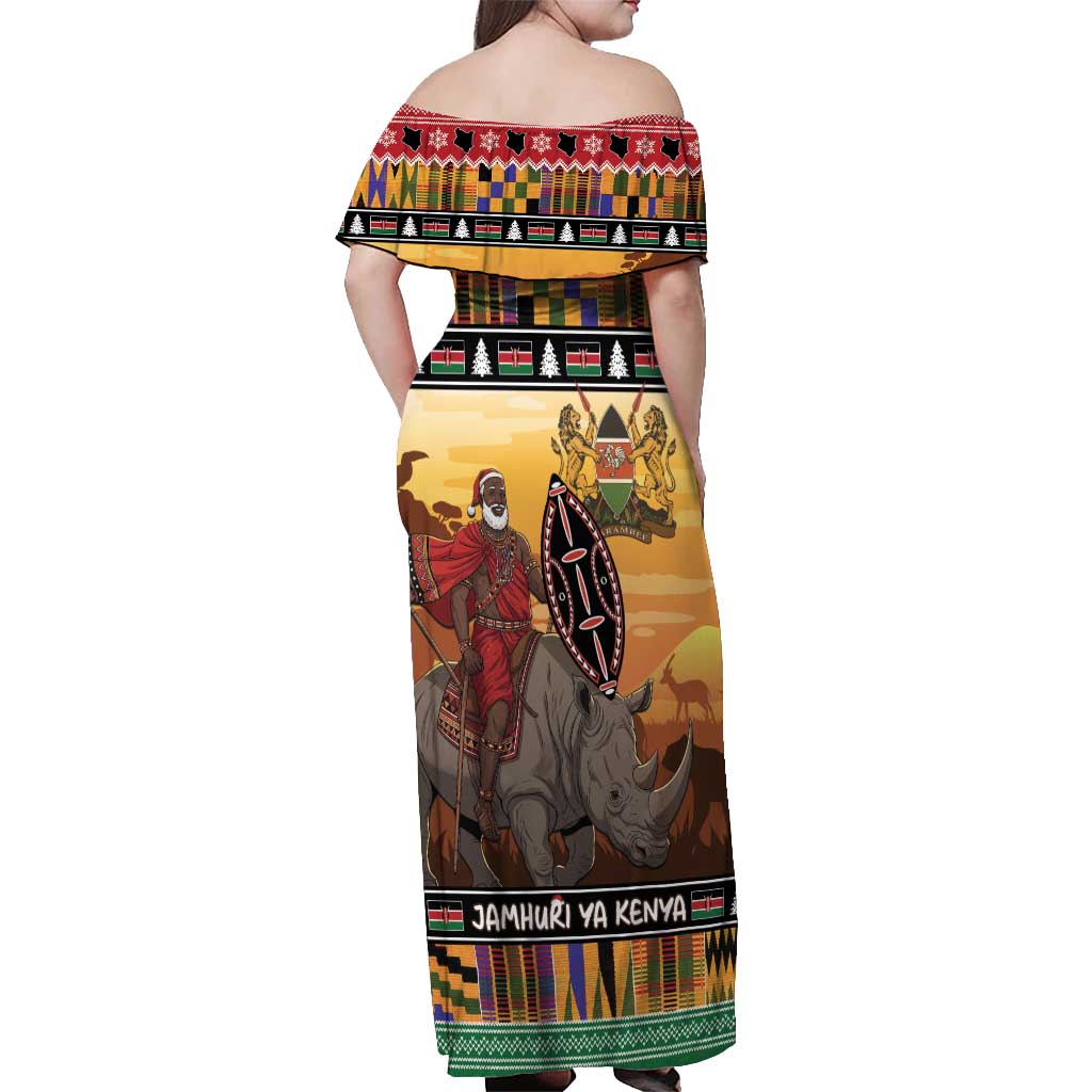 Kenya Safari Christmas Off Shoulder Maxi Dress Black Santa Riding Rhinoceros - Heri ya Krismasi - Wonder Print Shop
