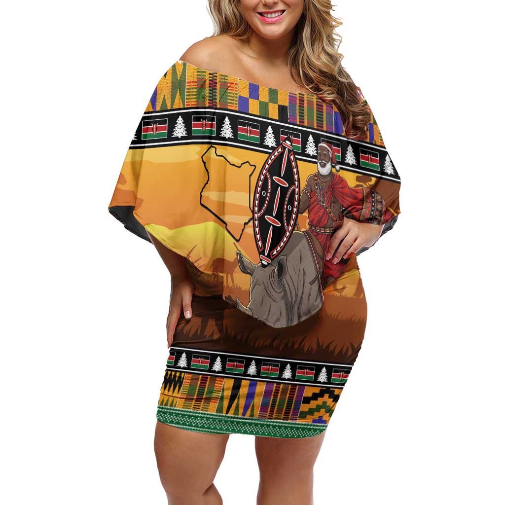 Kenya Safari Christmas Off Shoulder Short Dress Black Santa Riding Rhinoceros - Heri ya Krismasi - Wonder Print Shop