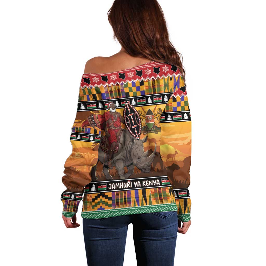 Kenya Safari Christmas Off Shoulder Sweater Black Santa Riding Rhinoceros - Heri ya Krismasi - Wonder Print Shop