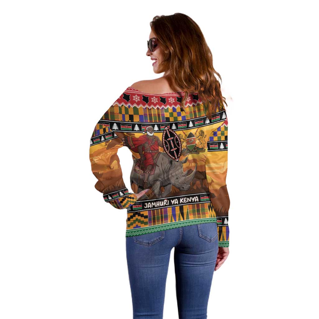 Kenya Safari Christmas Off Shoulder Sweater Black Santa Riding Rhinoceros - Heri ya Krismasi - Wonder Print Shop