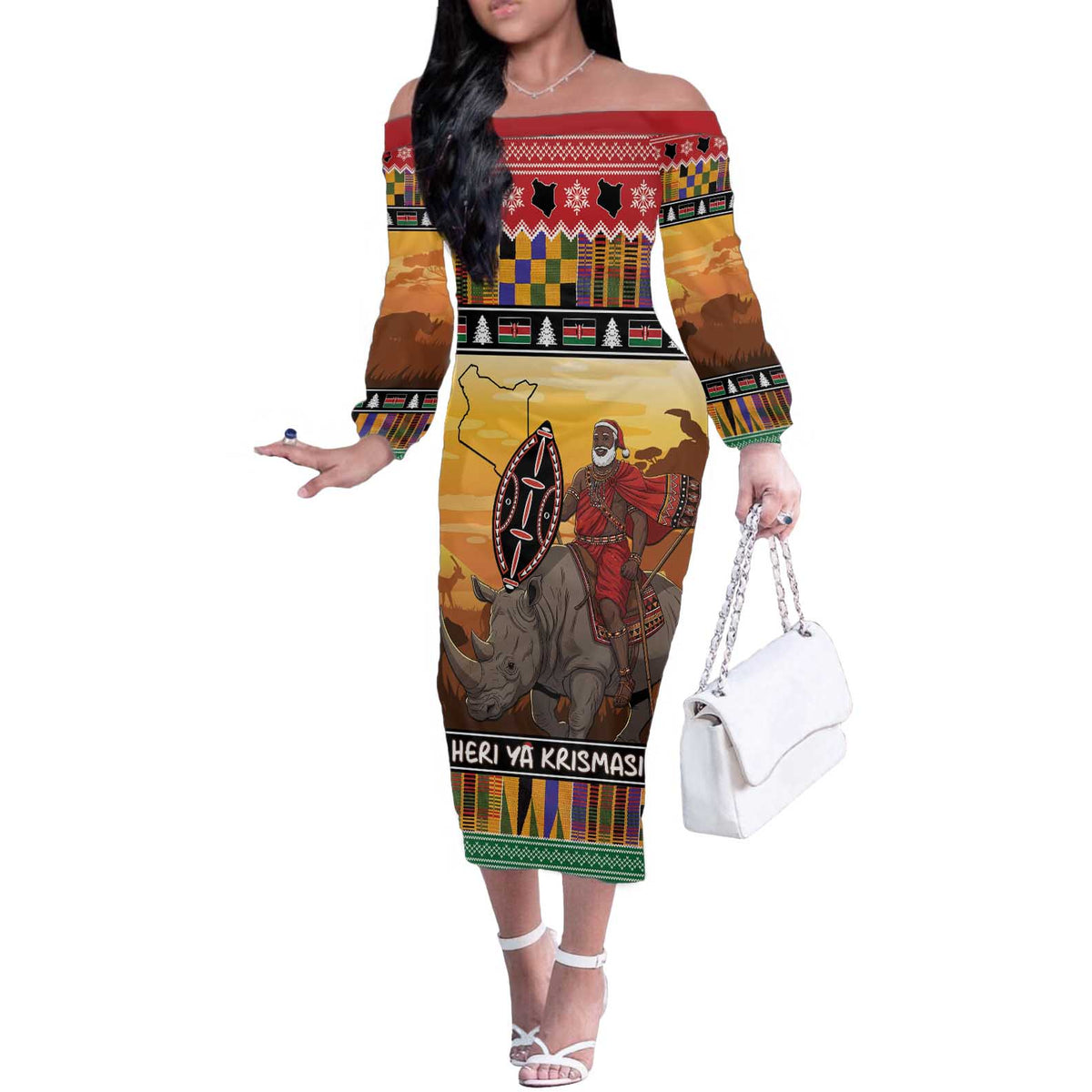 Kenya Safari Christmas Off The Shoulder Long Sleeve Dress Black Santa Riding Rhinoceros - Heri ya Krismasi - Wonder Print Shop