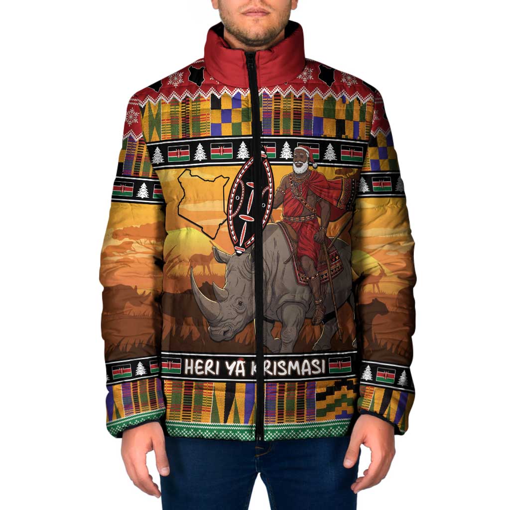 Kenya Safari Christmas Padded Jacket Black Santa Riding Rhinoceros - Heri ya Krismasi - Wonder Print Shop