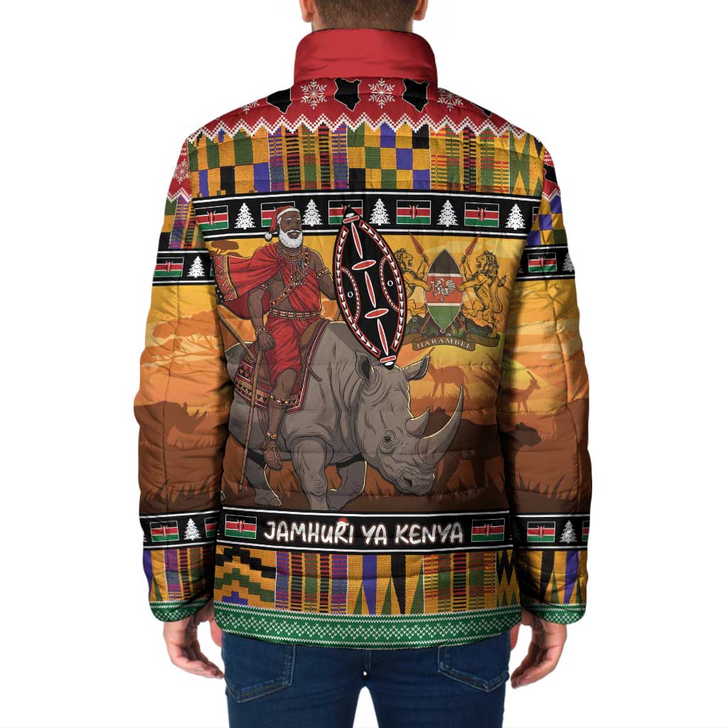 Kenya Safari Christmas Padded Jacket Black Santa Riding Rhinoceros - Heri ya Krismasi - Wonder Print Shop