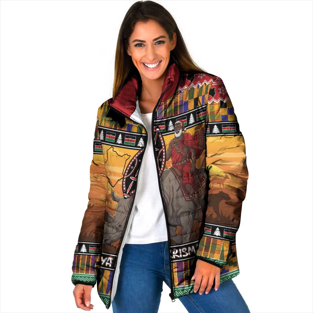 Kenya Safari Christmas Padded Jacket Black Santa Riding Rhinoceros - Heri ya Krismasi - Wonder Print Shop