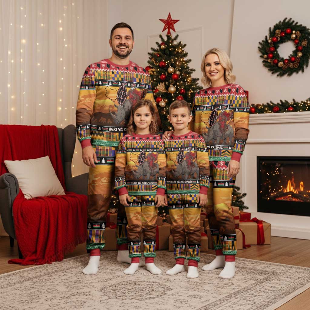 Kenya Safari Christmas Pajama Set Black Santa Riding Rhinoceros - Heri ya Krismasi - Wonder Print Shop