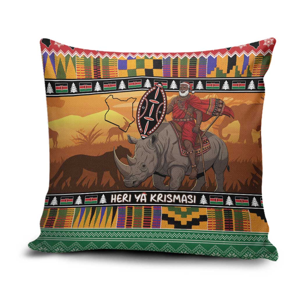 Kenya Safari Christmas Pillow Cover Black Santa Riding Rhinoceros - Heri ya Krismasi - Wonder Print Shop