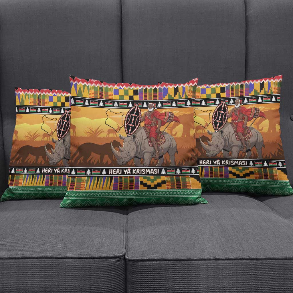 Kenya Safari Christmas Pillow Cover Black Santa Riding Rhinoceros - Heri ya Krismasi - Wonder Print Shop