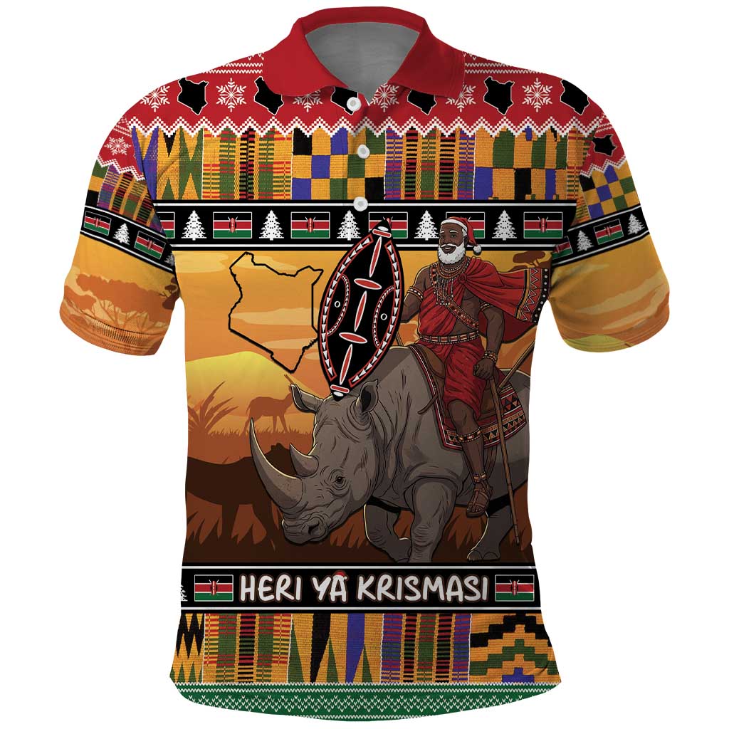 Kenya Safari Christmas Polo Shirt Black Santa Riding Rhinoceros - Heri ya Krismasi - Wonder Print Shop