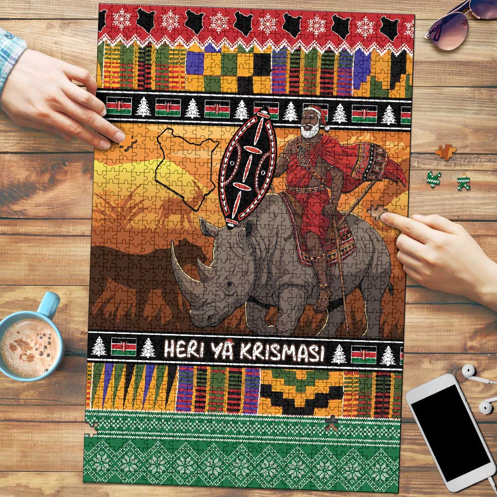 Kenya Safari Christmas Puzzle Black Santa Riding Rhinoceros - Heri ya Krismasi - Wonder Print Shop