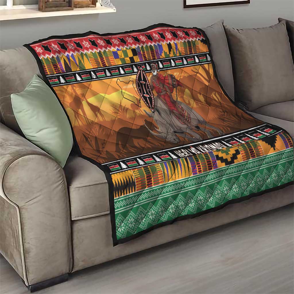 Kenya Safari Christmas Quilt Black Santa Riding Rhinoceros - Heri ya Krismasi - Wonder Print Shop