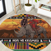 Kenya Safari Christmas Round Carpet Black Santa Riding Rhinoceros - Heri ya Krismasi - Wonder Print Shop