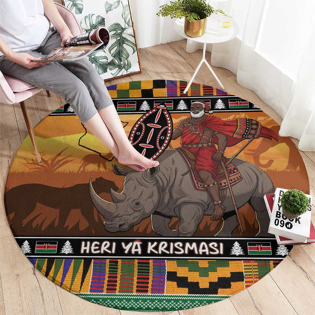 Kenya Safari Christmas Round Carpet Black Santa Riding Rhinoceros - Heri ya Krismasi - Wonder Print Shop