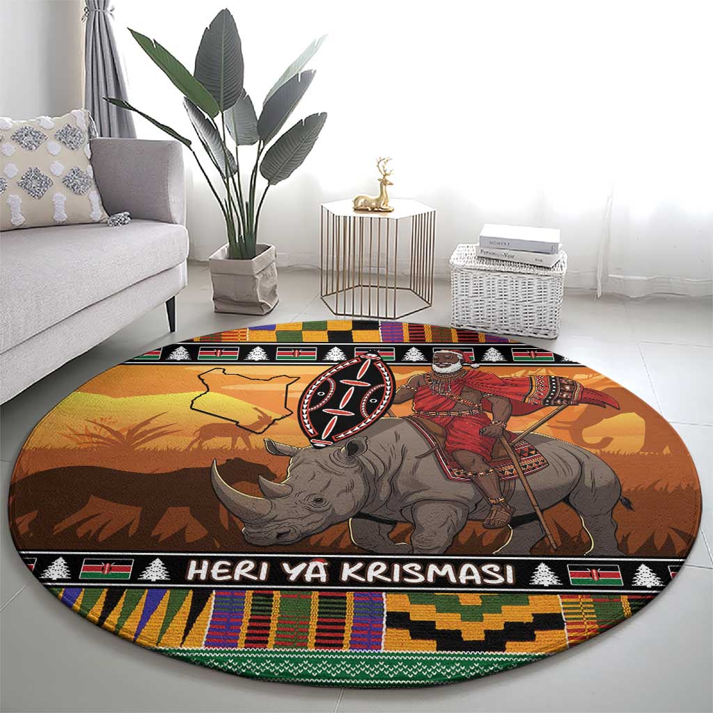 Kenya Safari Christmas Round Carpet Black Santa Riding Rhinoceros - Heri ya Krismasi - Wonder Print Shop