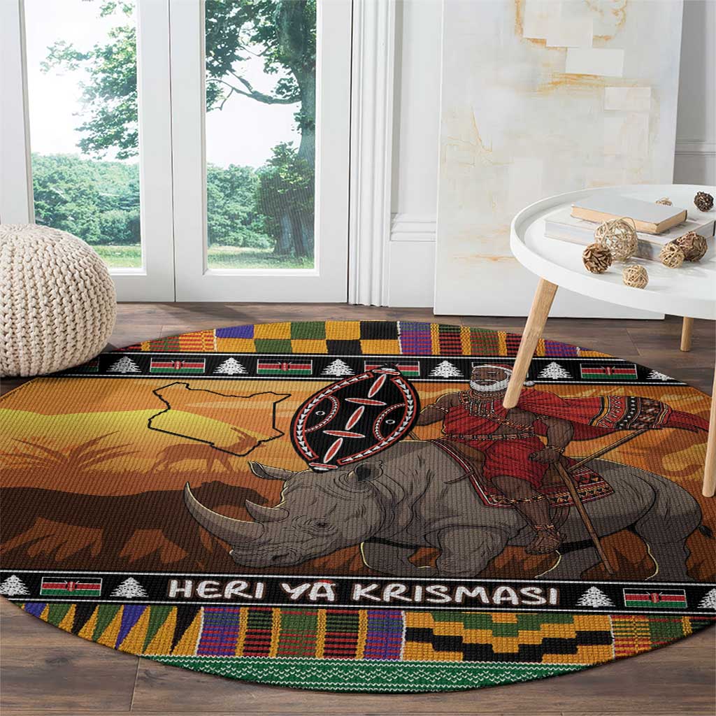 Kenya Safari Christmas Round Carpet Black Santa Riding Rhinoceros - Heri ya Krismasi - Wonder Print Shop
