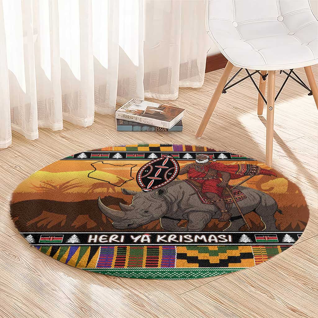 Kenya Safari Christmas Round Carpet Black Santa Riding Rhinoceros - Heri ya Krismasi - Wonder Print Shop