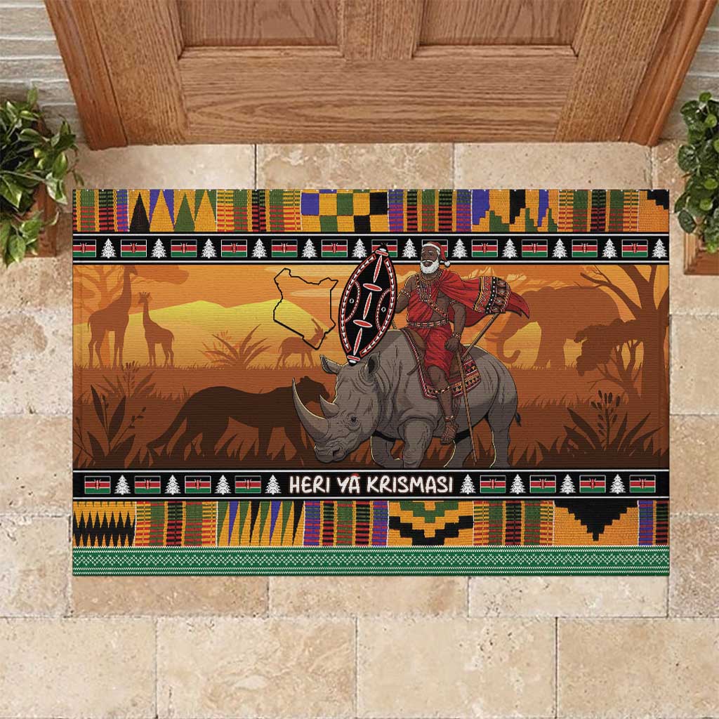 Kenya Safari Christmas Rubber Doormat Black Santa Riding Rhinoceros - Heri ya Krismasi - Wonder Print Shop
