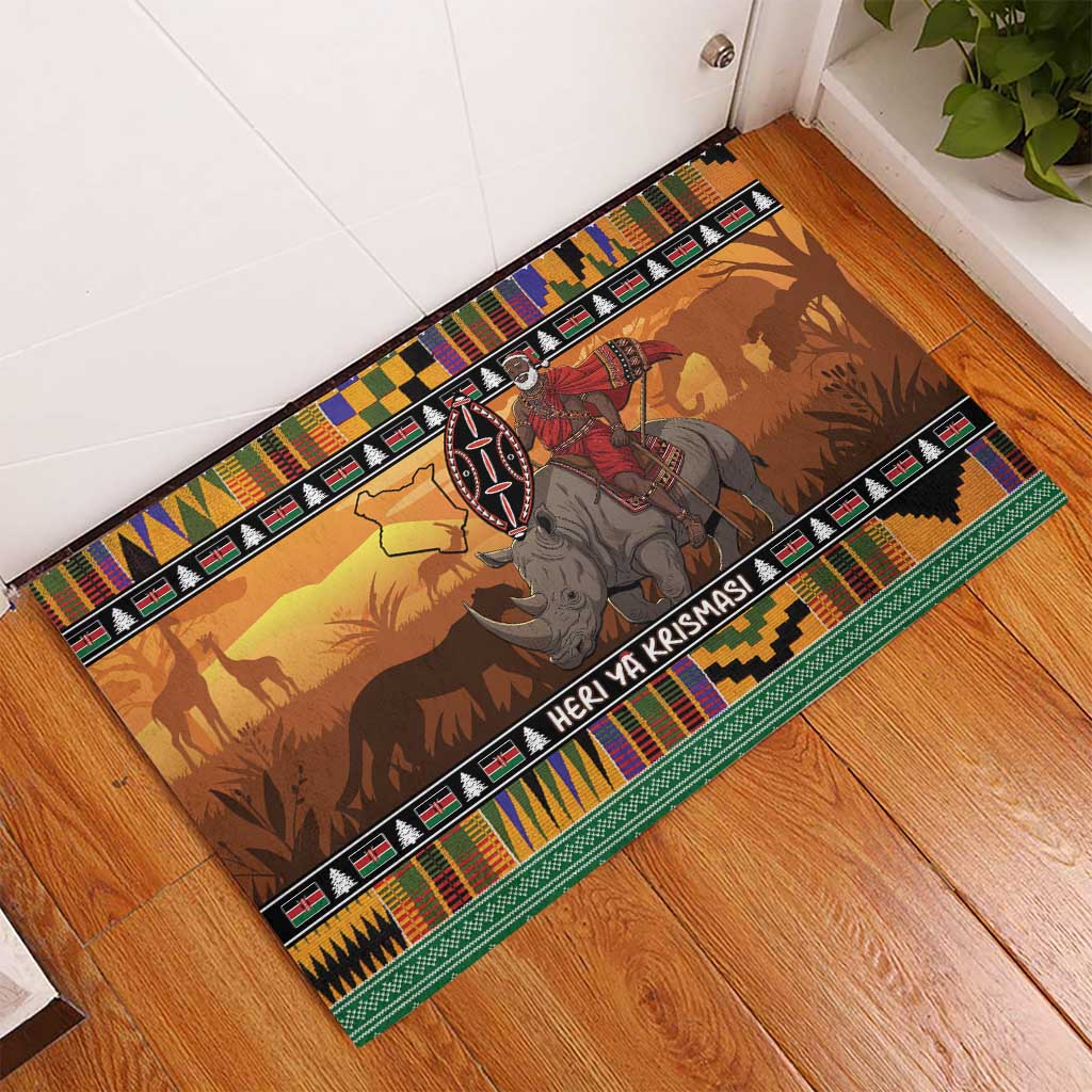 Kenya Safari Christmas Rubber Doormat Black Santa Riding Rhinoceros - Heri ya Krismasi - Wonder Print Shop