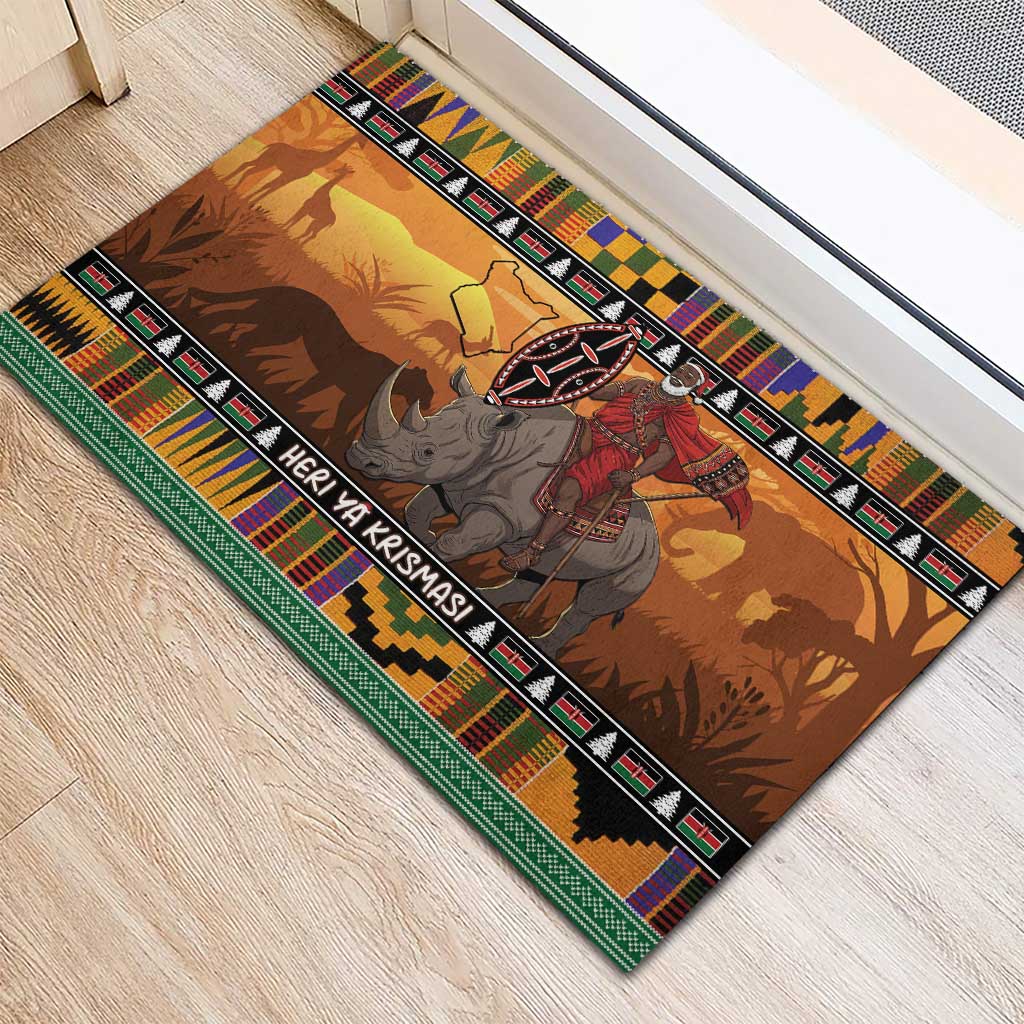 Kenya Safari Christmas Rubber Doormat Black Santa Riding Rhinoceros - Heri ya Krismasi - Wonder Print Shop