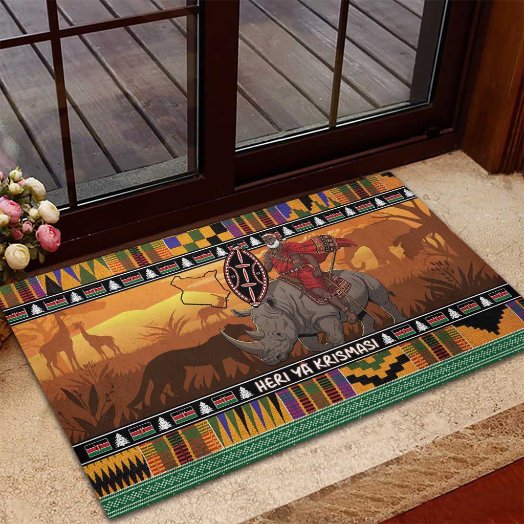 Kenya Safari Christmas Rubber Doormat Black Santa Riding Rhinoceros - Heri ya Krismasi - Wonder Print Shop