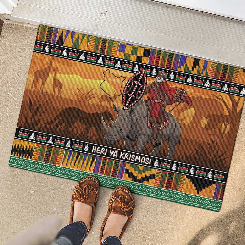 Kenya Safari Christmas Rubber Doormat Black Santa Riding Rhinoceros - Heri ya Krismasi - Wonder Print Shop