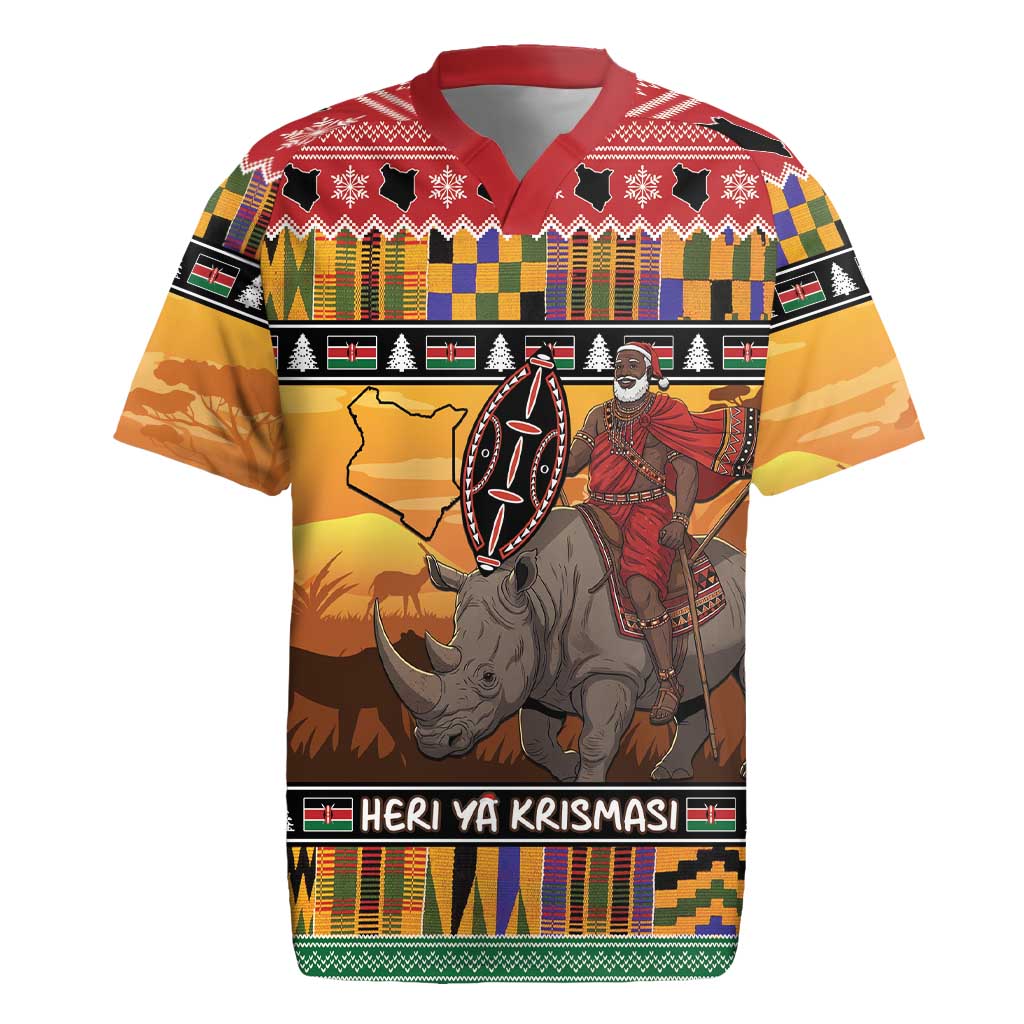 Kenya Safari Christmas Rugby Jersey Black Santa Riding Rhinoceros - Heri ya Krismasi - Wonder Print Shop