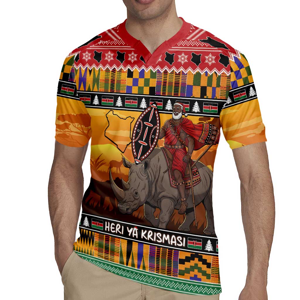 Kenya Safari Christmas Rugby Jersey Black Santa Riding Rhinoceros - Heri ya Krismasi - Wonder Print Shop