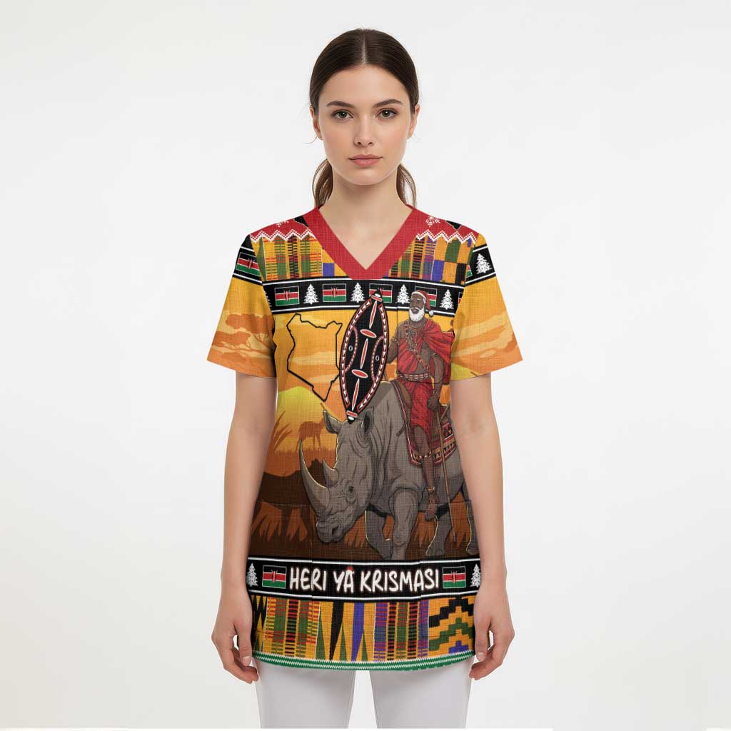 Kenya Safari Christmas Scrub Top Black Santa Riding Rhinoceros - Heri ya Krismasi - Wonder Print Shop
