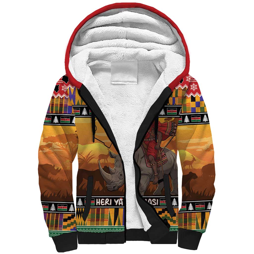 Kenya Safari Christmas Sherpa Hoodie Black Santa Riding Rhinoceros - Heri ya Krismasi - Wonder Print Shop